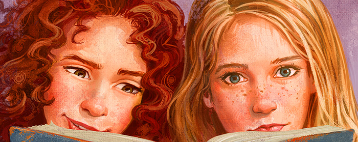 Illustration of a girl with curly red hair and a girl with long blonde hair reading a book together