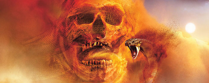 Illustration of a mummified skeleton and a snake turning into dust