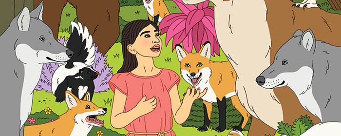 An illustration of a girl surrounded by animals friends