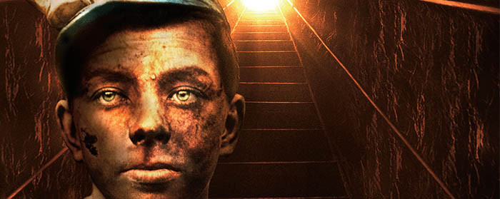 Illustration of a boy with dirt smudges on his face as he stands at the end of a tunnel