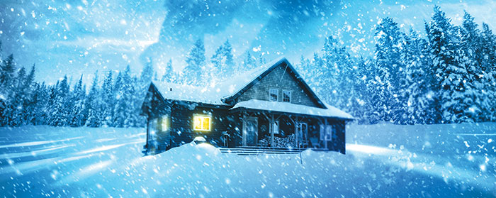 Illustration of a lone house covered in snow during blizzard
