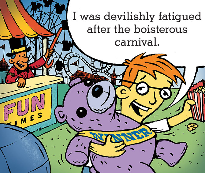 illustration of young boy holding a stuffed bear at a carnival