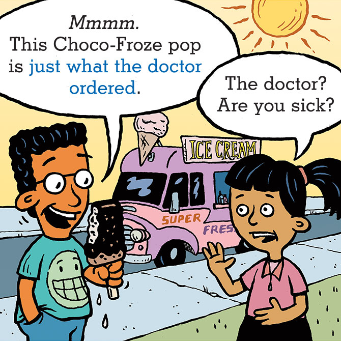 enlargeable illustration of two friends eating ice cream in front of an ice cream truck