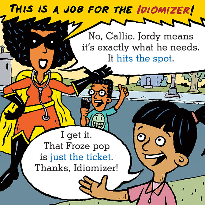 enlargeable illustration of a superhero talking to two young friends