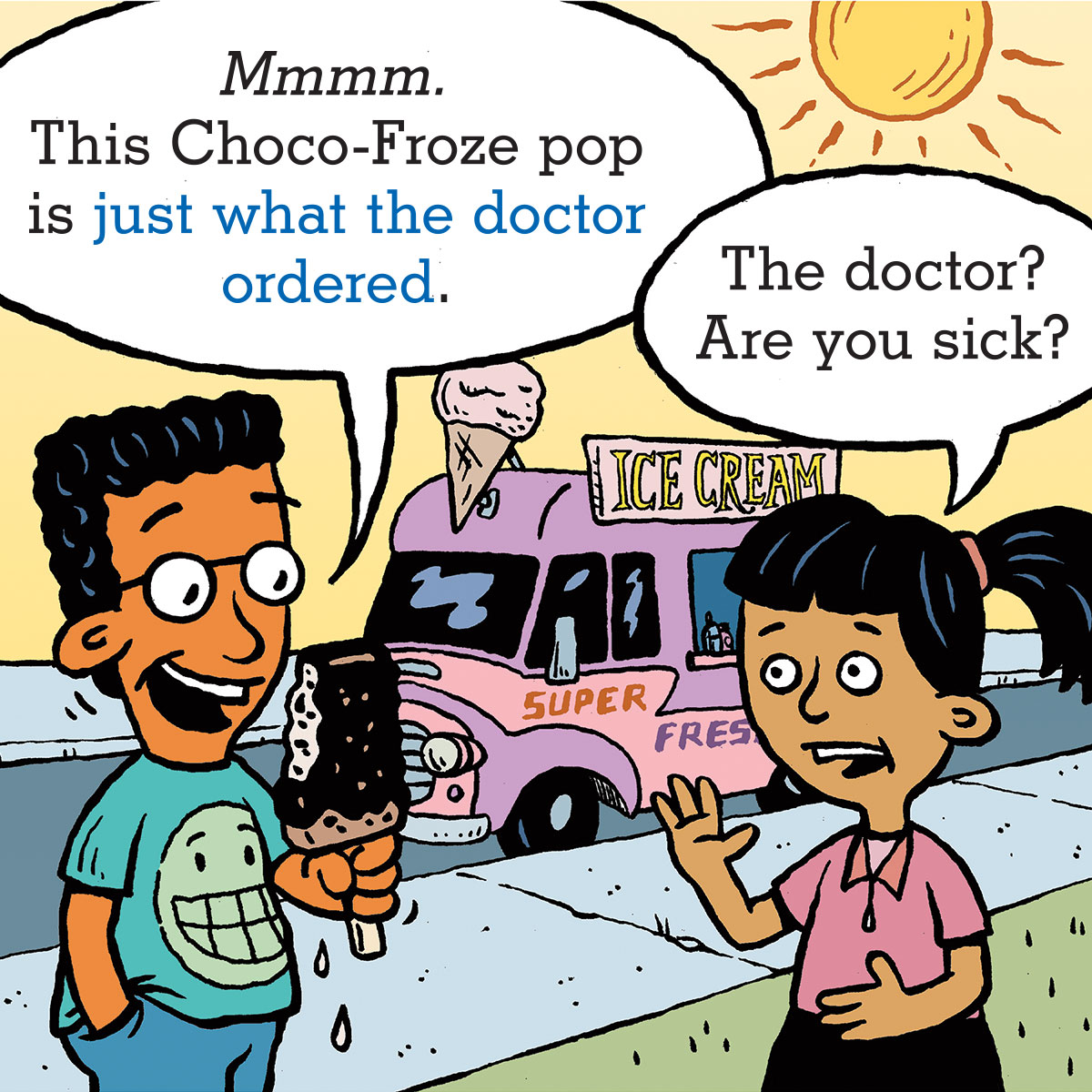 illustration of two friends eating ice cream in front of an ice cream truck