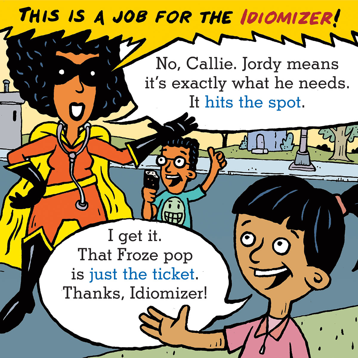illustration of a superhero talking to two young friends