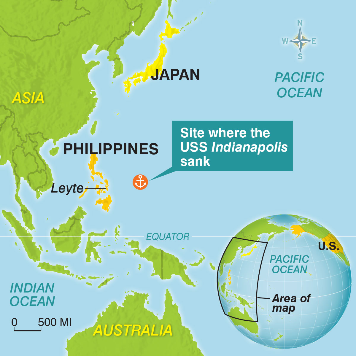 locator map of where the USS Indianapolis sank in the Pacific Ocean