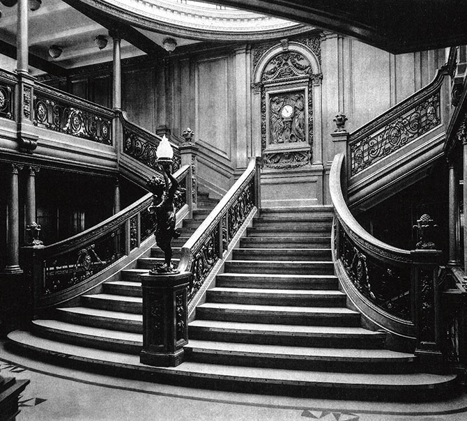 enlargeable black and white photo of a staircase on the titanic