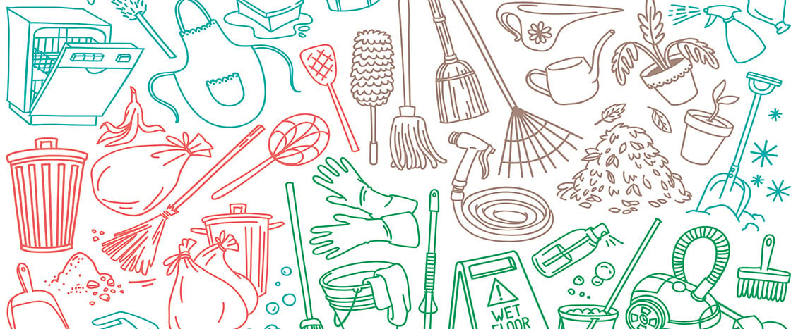 Illustrations of household objects like brooms, gloves, trash can, and an apron