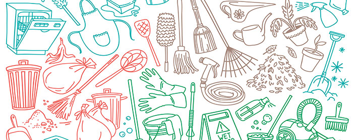 Illustrations of household objects like brooms, gloves, trash can, and an apron