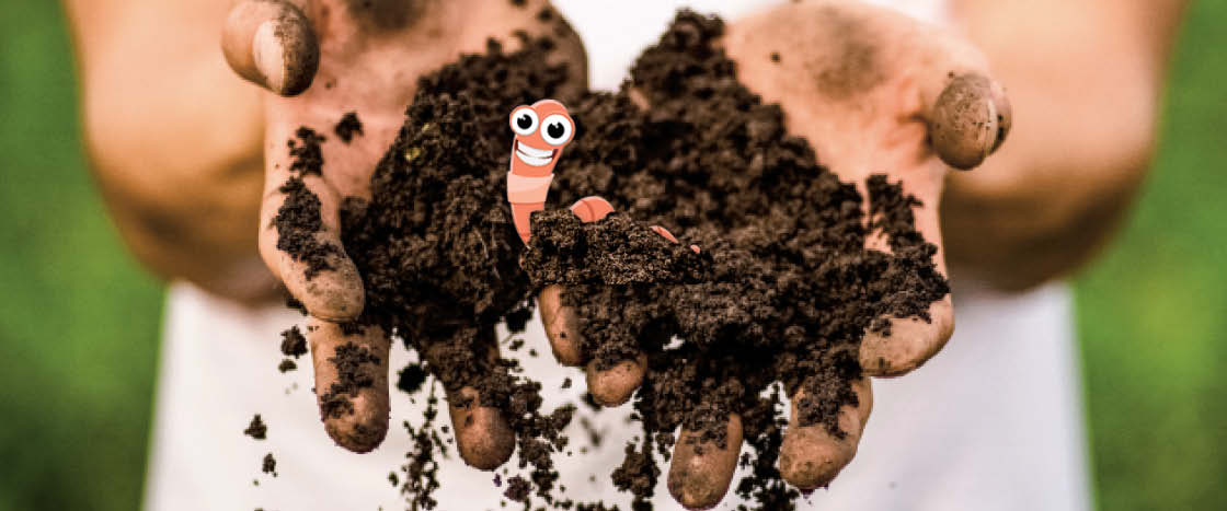 A child&apos;s hands cupping a pile of dirt with an illustrated worm sticking out of it and smiling