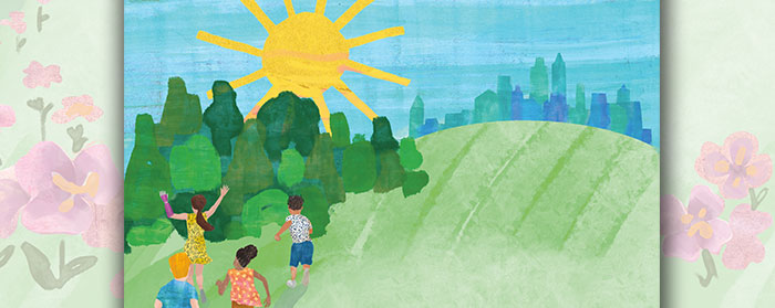 Illustration of children running  up a hill