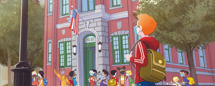 illustration of a boy in a backpack looking up at a school