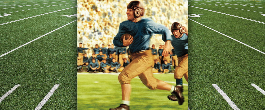 Colorized photo of old time football player running with the ball