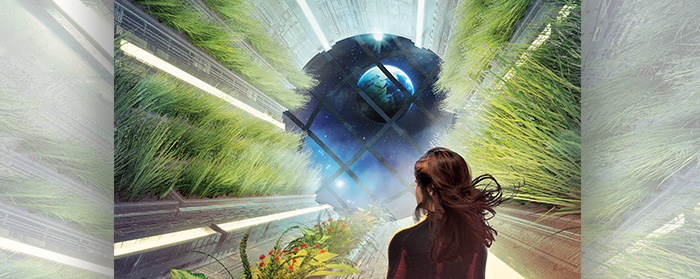 Illustration of person staring at Earth in space from a green ship