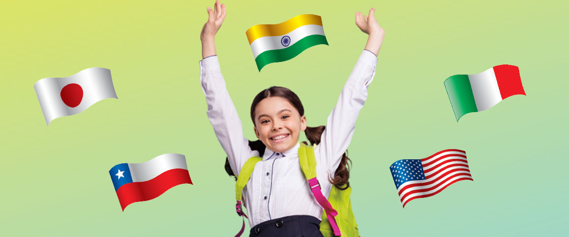 Image of student jumping with raised hands and surrounded by five different Country flags