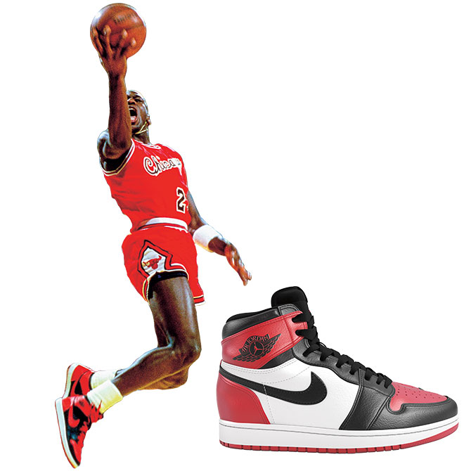 Image of Michael Jordan playing basketball and close-up of his Nike sneakers