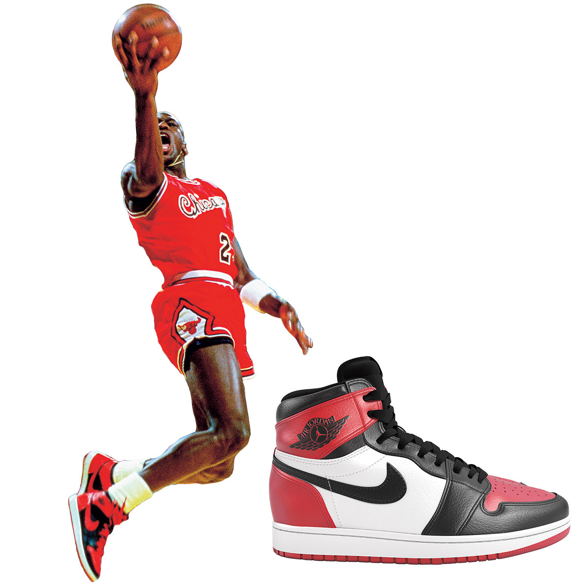 Image of Michael Jordan playing basketball and close-up of his Nike sneakers