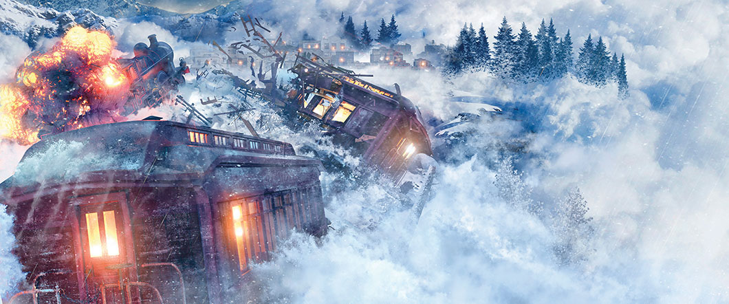 Illustration of an avalanche of snow crashing into a train