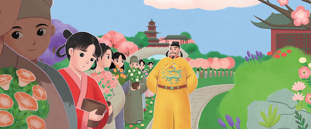 Illustration of Japanese people in a line holding gifts while gathered in a town