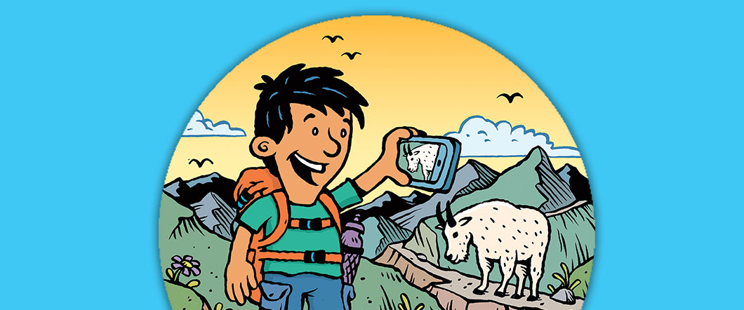 Illustration of a hiker taking a picture on phone of a mountain goat