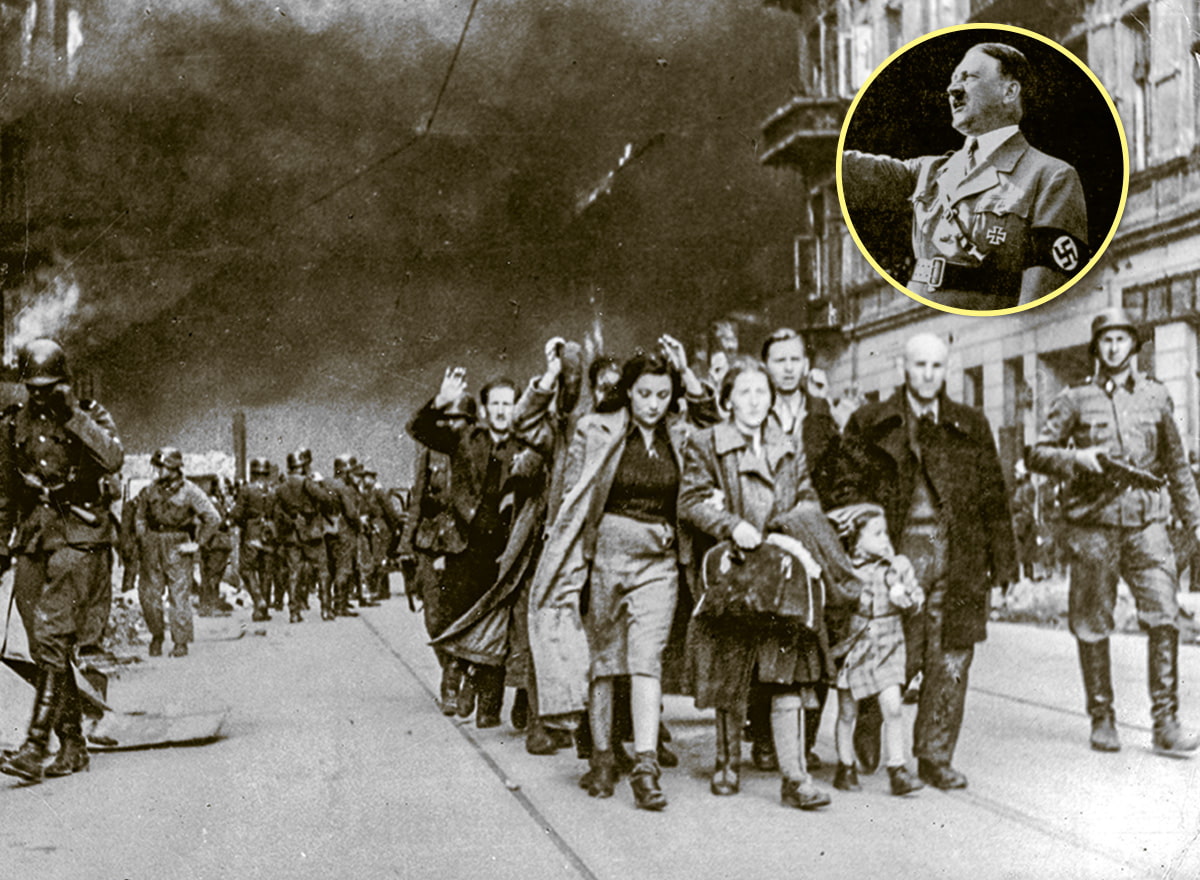 Black & white photo of Hitler and of people walking away from an explosion