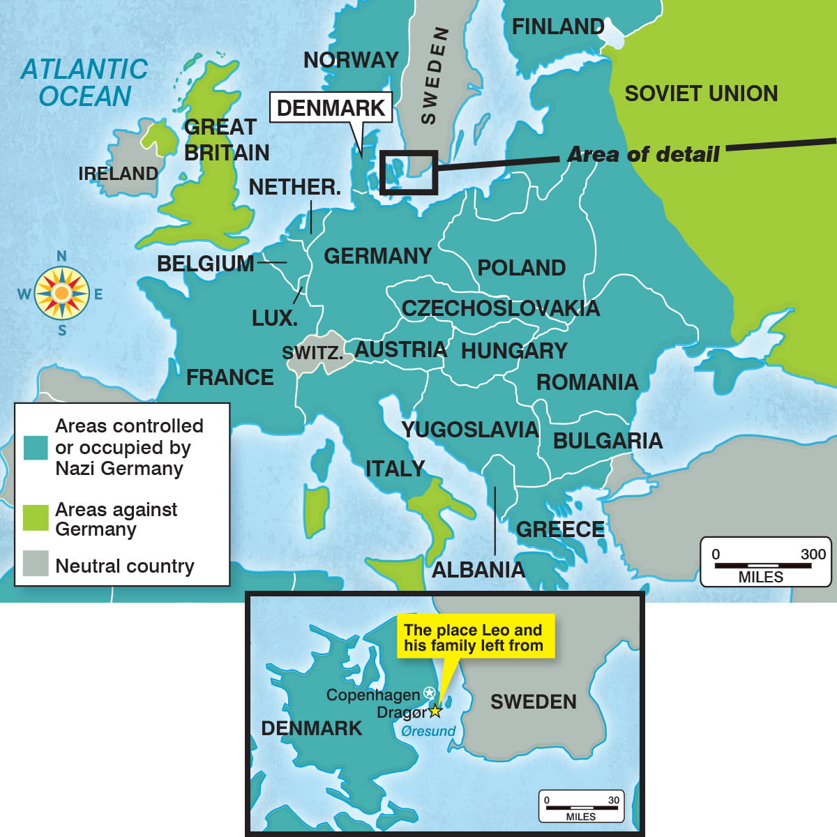 Map showing where Leo and his family left from in Denmark and areas controlled by Nazis