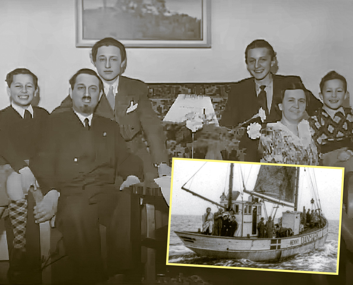 Black & white photo of a family and photo of the ship they escaped on