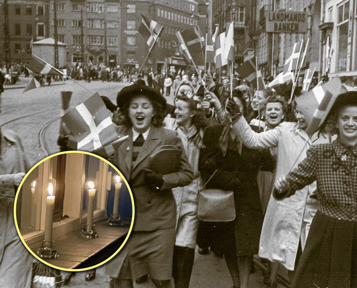 Black & white photo of Europeans celebrating their freedom