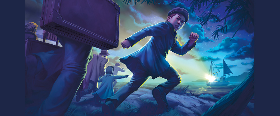 Illustration of families with their belongings, running to a ship