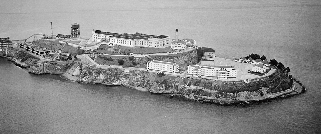 Black & white bird&apos;s view of Alcatraz