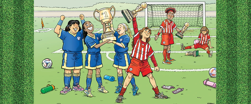 Illustration of two soccer teams and each team has a trophy