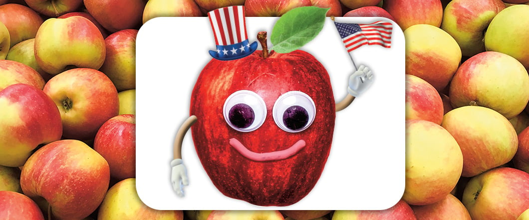 Image of a bunch of red/yellow apples & and an apple decorated in Fourth of July costume