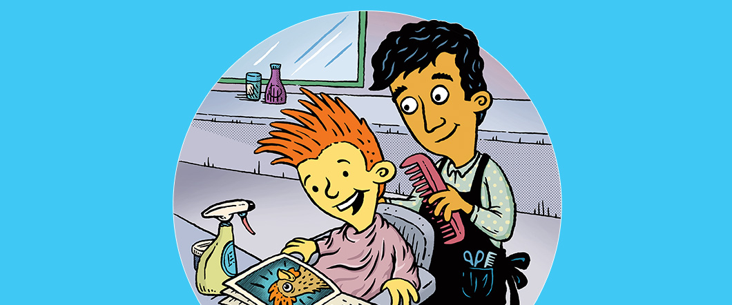 Illustration of a kid getting a haircut by a barber