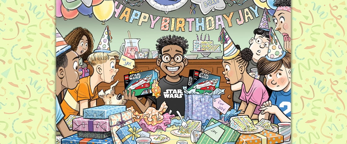 Illustration of a birthday party with lots of gifts