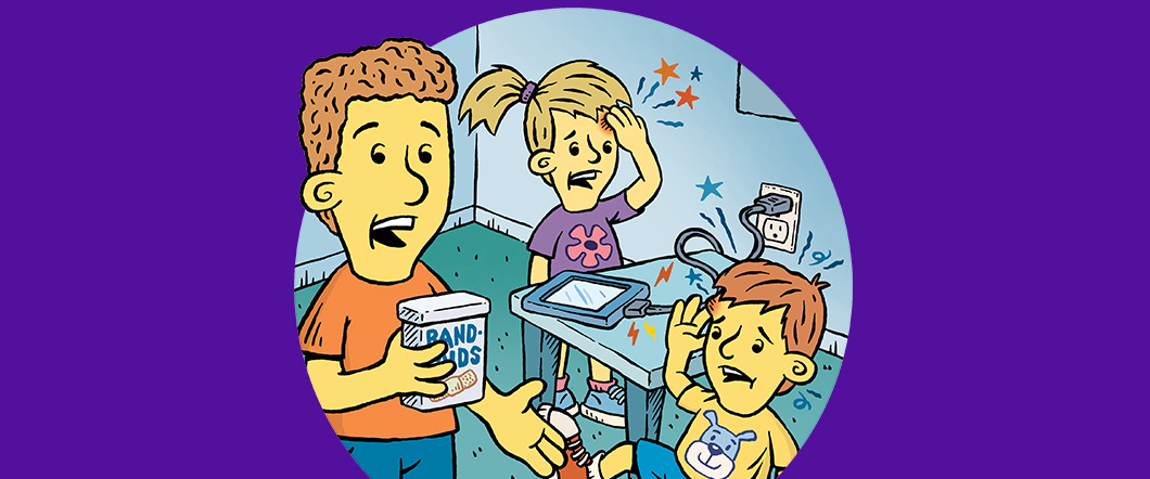 Illustration of kids with bumps on their head and someone with band-aids
