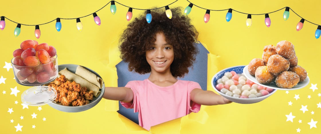 Photo of a kid holding out four platters of different kinds of foods