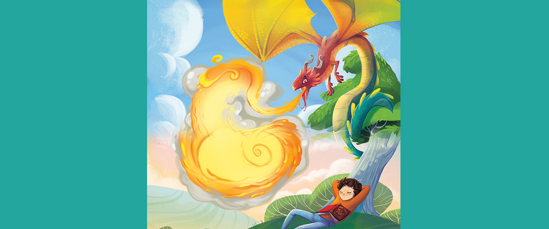 Illustration of a flying dragon breathing fire