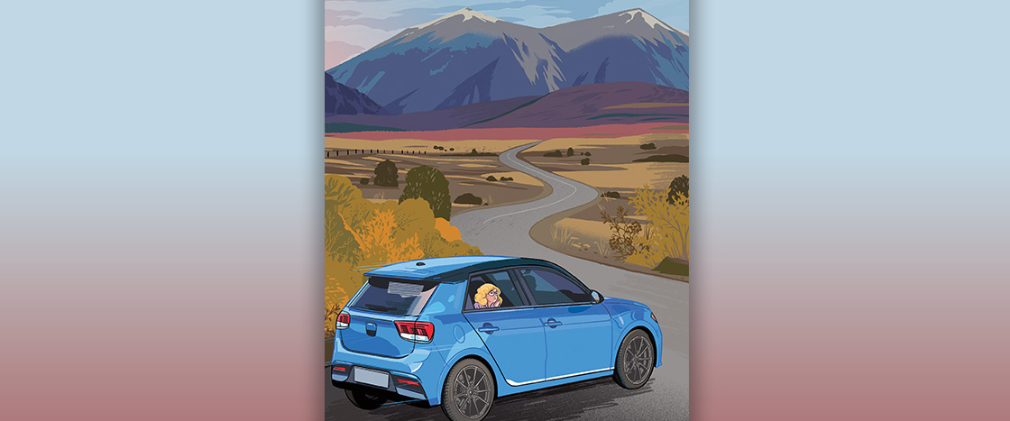 Illustration of a tiny car on open road against mountain range