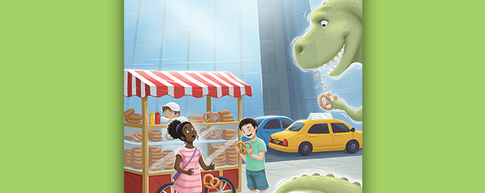 Illustration of dinosaurs walking through New York City in modern day