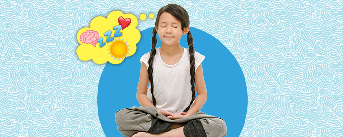 Image of a kid meditating and thought bubble is filled with random things like sun, sleep, love