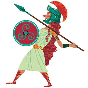 Illustration of a warrior with shield and weapon