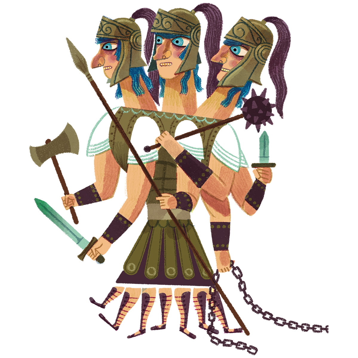 Illustration of a three-headed warrior