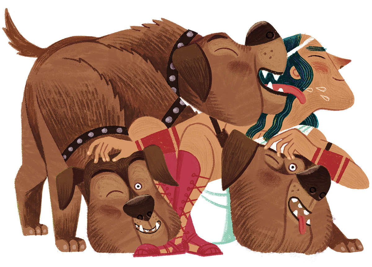 Illustration of person petting three huge brown dogs