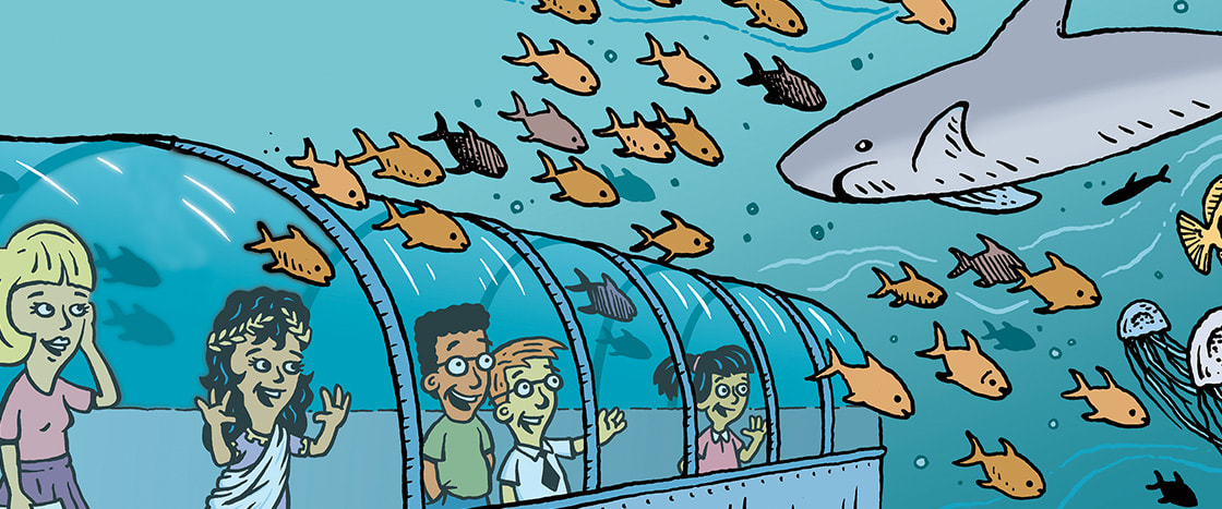 Illustration of students looking at aquatic life at an aquarium