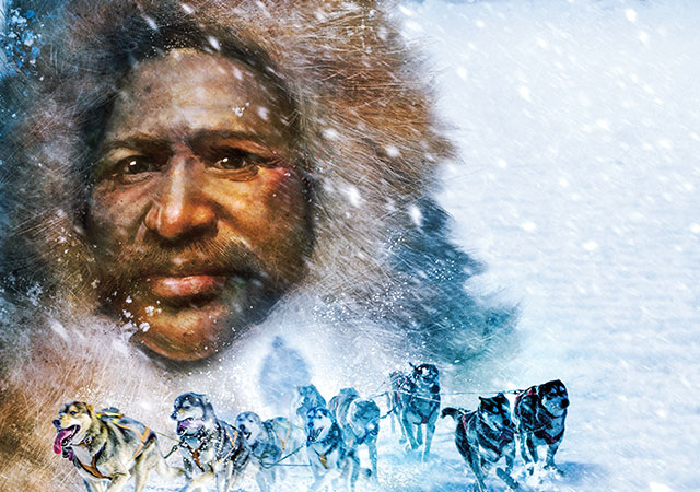 Image of a man&apos;s face next to sled dogs in the snow