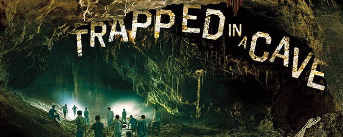 Illustration of people walking through a cave with the text "Trapped in a Cave"