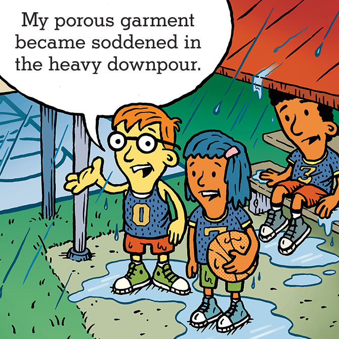 Word Nerd and two other children drenched in rain in their basketball uniforms