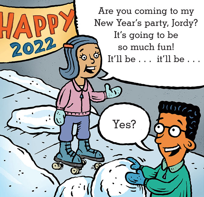 Illustration of a boy making a snowman as a girl on roller-skates talking to him